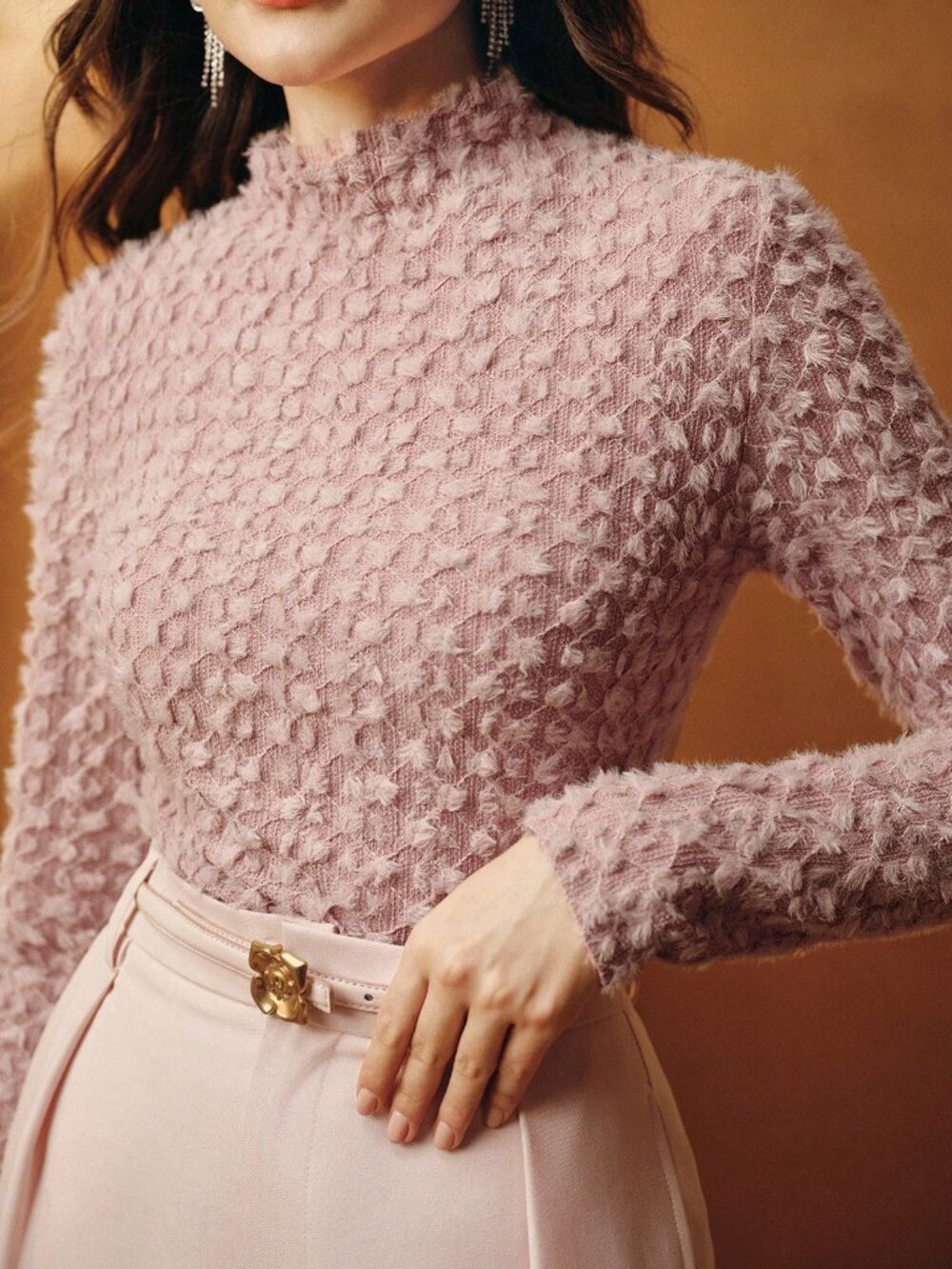 Pink Casual Women's Fuzzy Lettuce Trim Rib-Knit High Neck Turtleneck Undershirt